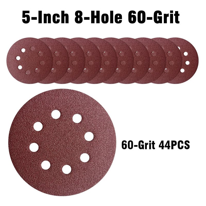 OUKEYA 44 Pack 5 Inch 8-Hole Hook and Loop Sanding Discs Sandpaper Red Round 60 Grit Sandpaper for Random Orbital Sander - Image 4
